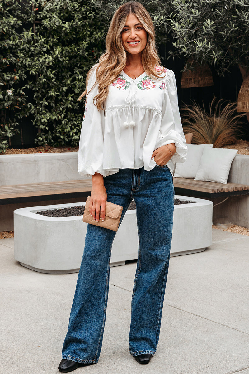 Flower Lace-up V Neck Babydoll Blouse