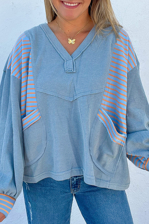 Exposed Seam Waffle Striped Patchwork Baggy Pullover