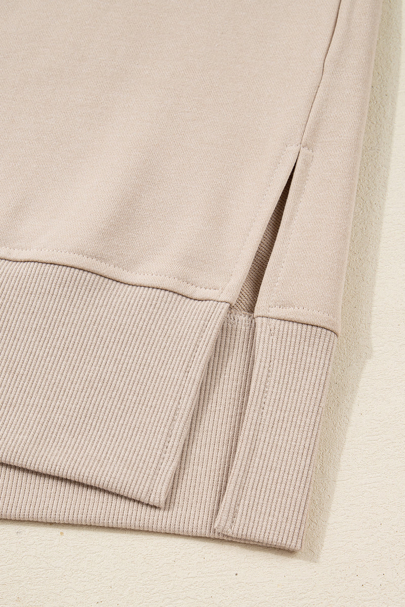 Beige Solid Color Oversize Slit Sweatshirt Ribbed Leggings 2pcs Set