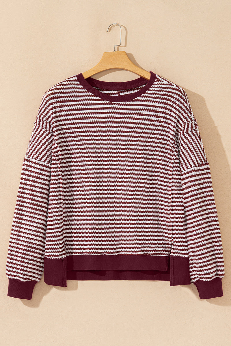 Stripe Ribbed Trim Drop Shoulder Long Sleeve Oversize Top