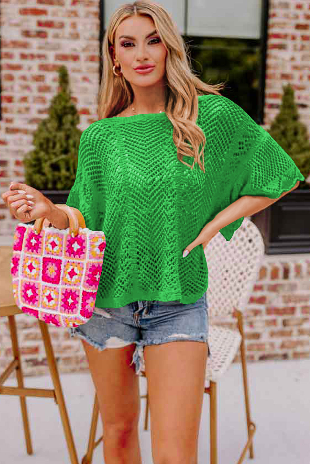 Solid Pointelle Knit Scallop Edge Short Sleeve Top