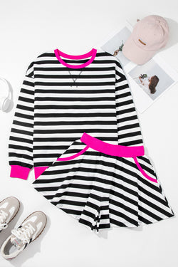 Stripe Contrast Ribbed Banding Long Sleeve Blouse Loose Shorts Set
