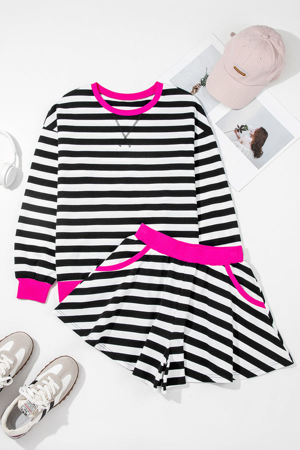 Stripe Contrast Ribbed Banding Long Sleeve Blouse Loose Shorts Set