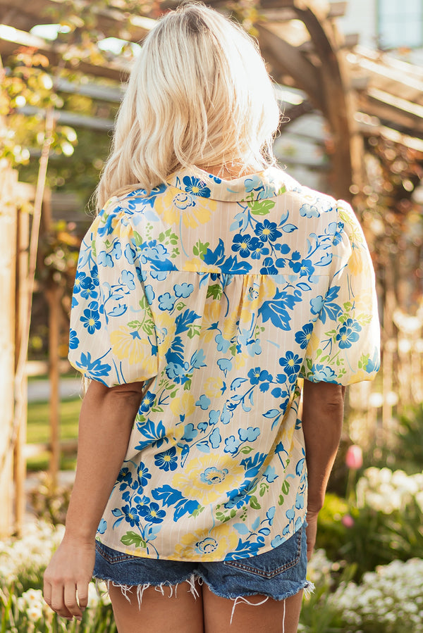 Floral Striped Mixed Print Puff Short Sleeve Blouse