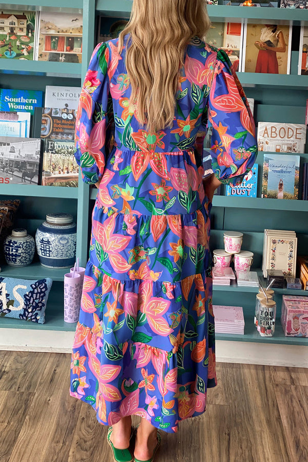 Floral Print 3/4 Sleeve V Neck Tiered Long Dress