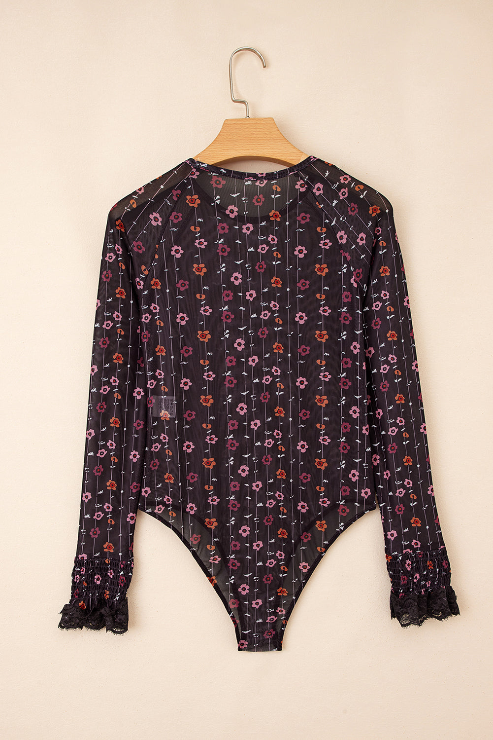 Floral Print Smocked Cuff Slim Fit Mesh Bodysuit