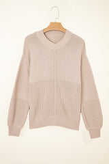 Parchment Mixed Texture Patchwork Knitted Puff Sleeve Sweater