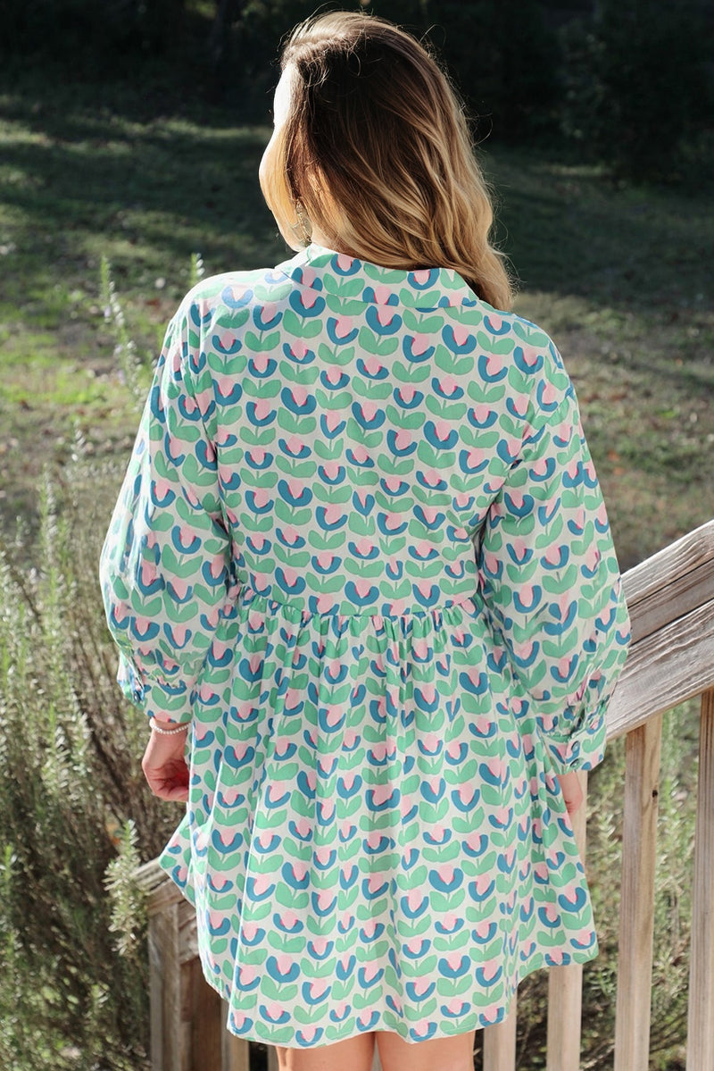 Floral Print Notched Neck Scalloped Detail Long Sleeve Mini Dress