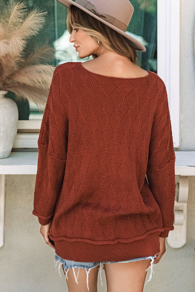 Brown Solid Color Textured Crew Neck Loose Sweater
