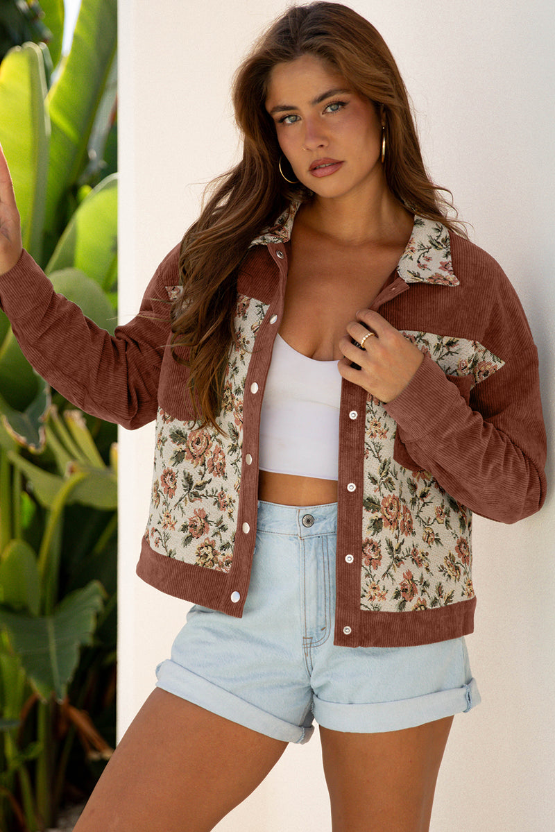 Brown Ribbed Retro Floral Patchwork Shirt Style Jacket