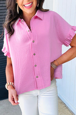 Mineral Wash Textured Ruffle Trim Short Sleeve Shirt