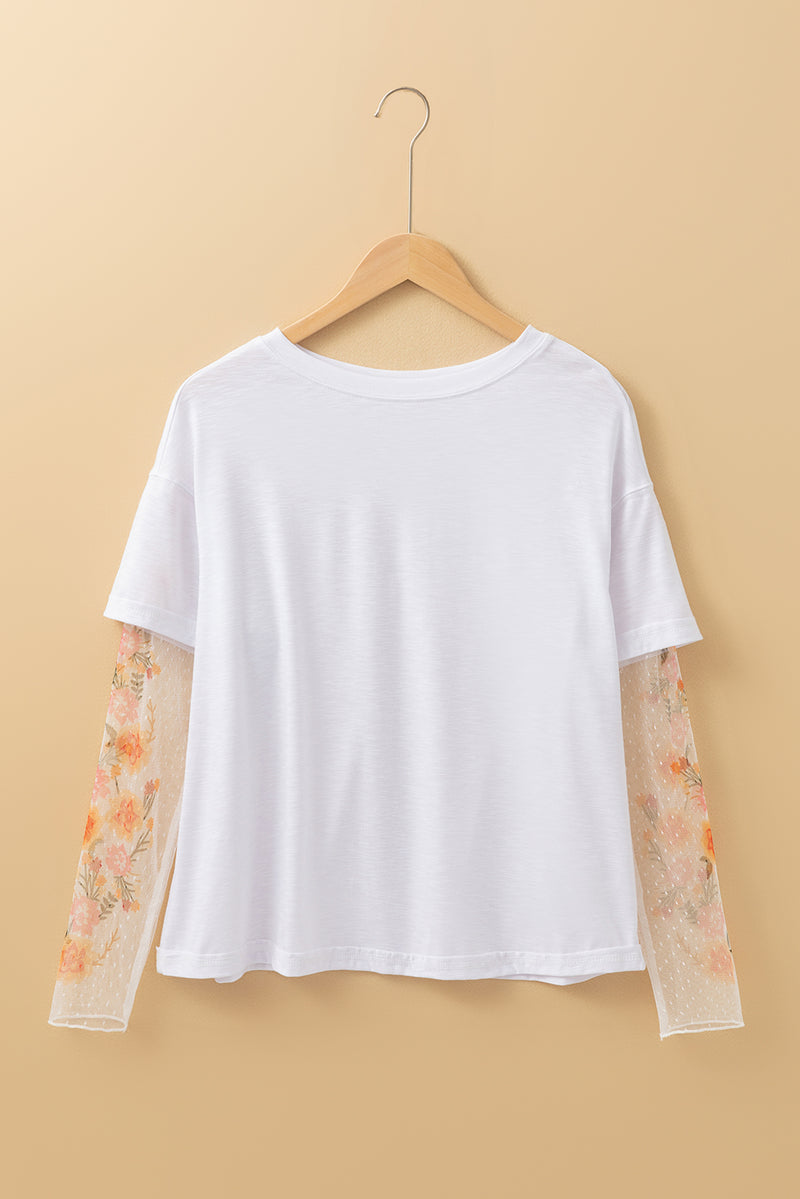 Solid Faux Two Piece Floral Long Sleeve Patchwork Tee