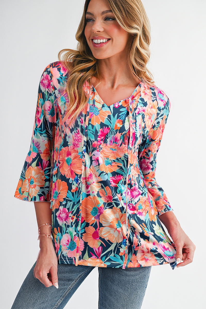Floral 3/4 Flare Sleeve Tied V Neck Blouse