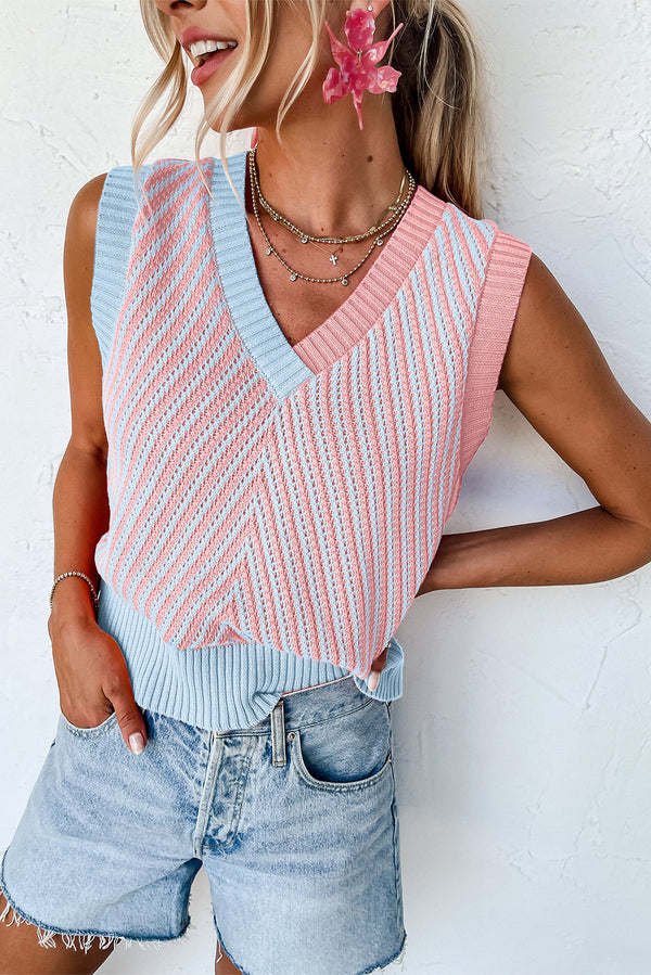 Contrast Chevron Knit V Neck Sweater Vest