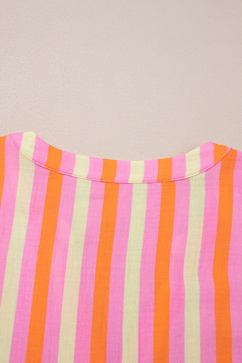 Stripe Crinkled Half Buttons V Neck Plus Size Blouse