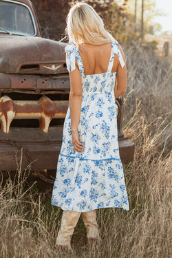 Floral Print Shirred Knot Shoulder Sleeveless Long Dress