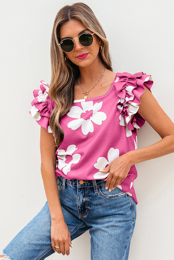 Floral Textured Ruffled Short Sleeve Square Neck Blouse