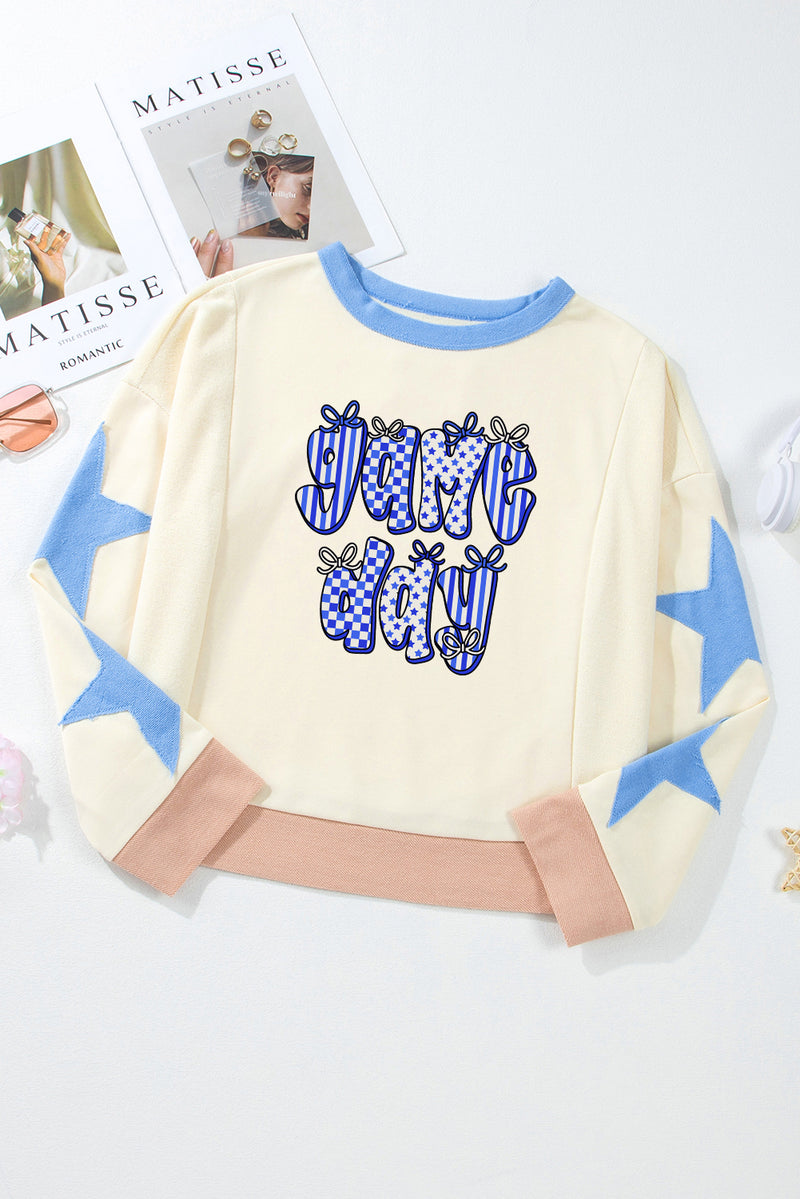 Game Day Graphic Starry Patched Sleeve Contrast Trim Casual Sweatshirt