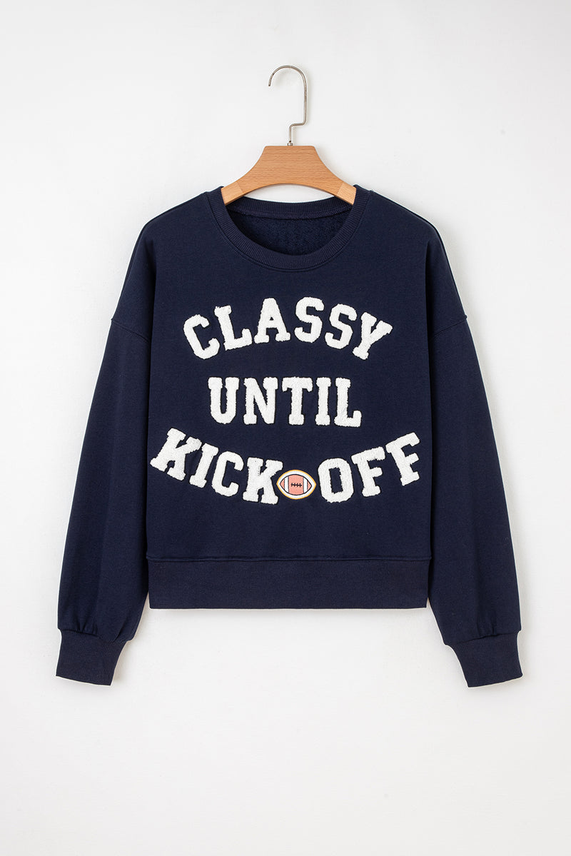 CLASSY UNTIL KICKOFF Plush Letter Patched Loose Sweatshirt