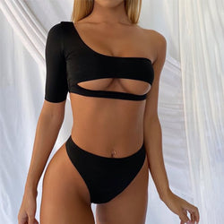 Solid Color Bikini Half Sleeve Swimsuit Women