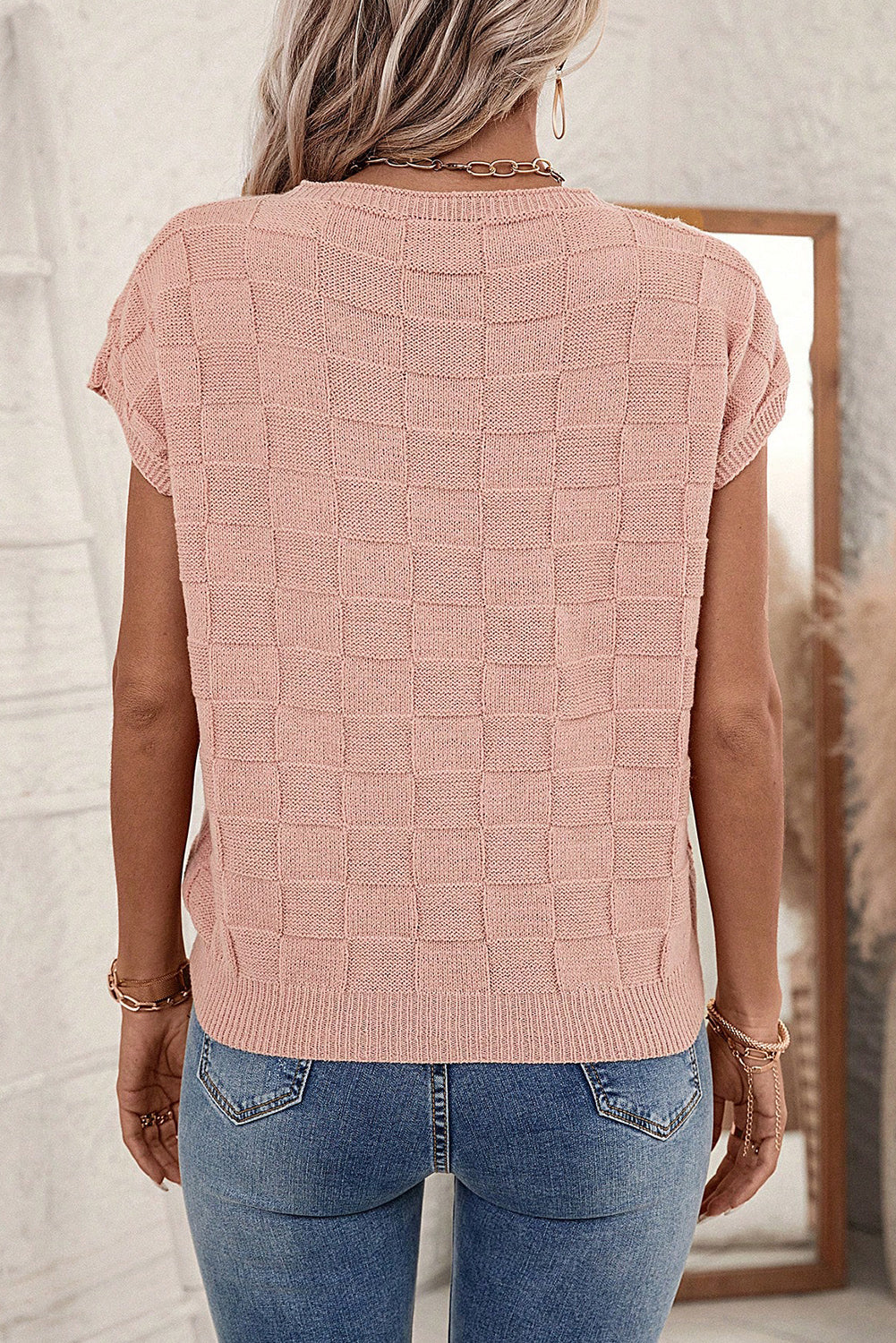 Solid Lattice Textured Knit Short Sleeve Sweater