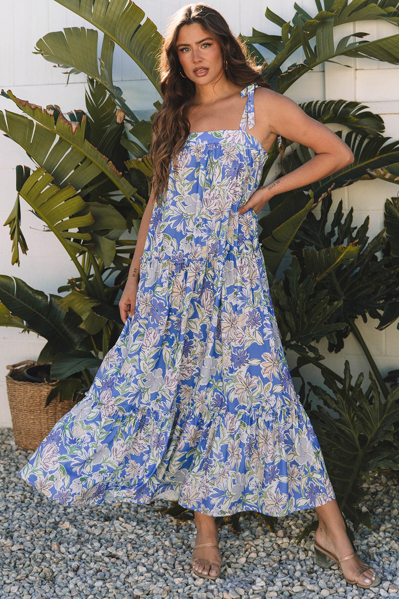 Floral Print Self-tie Straps Flowy Ruffle Long Dress