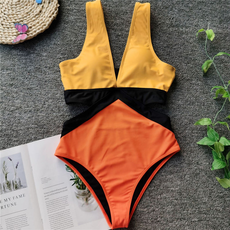 Colorblock Deep V-Neck Tummy Control One-Piece Swimsuit