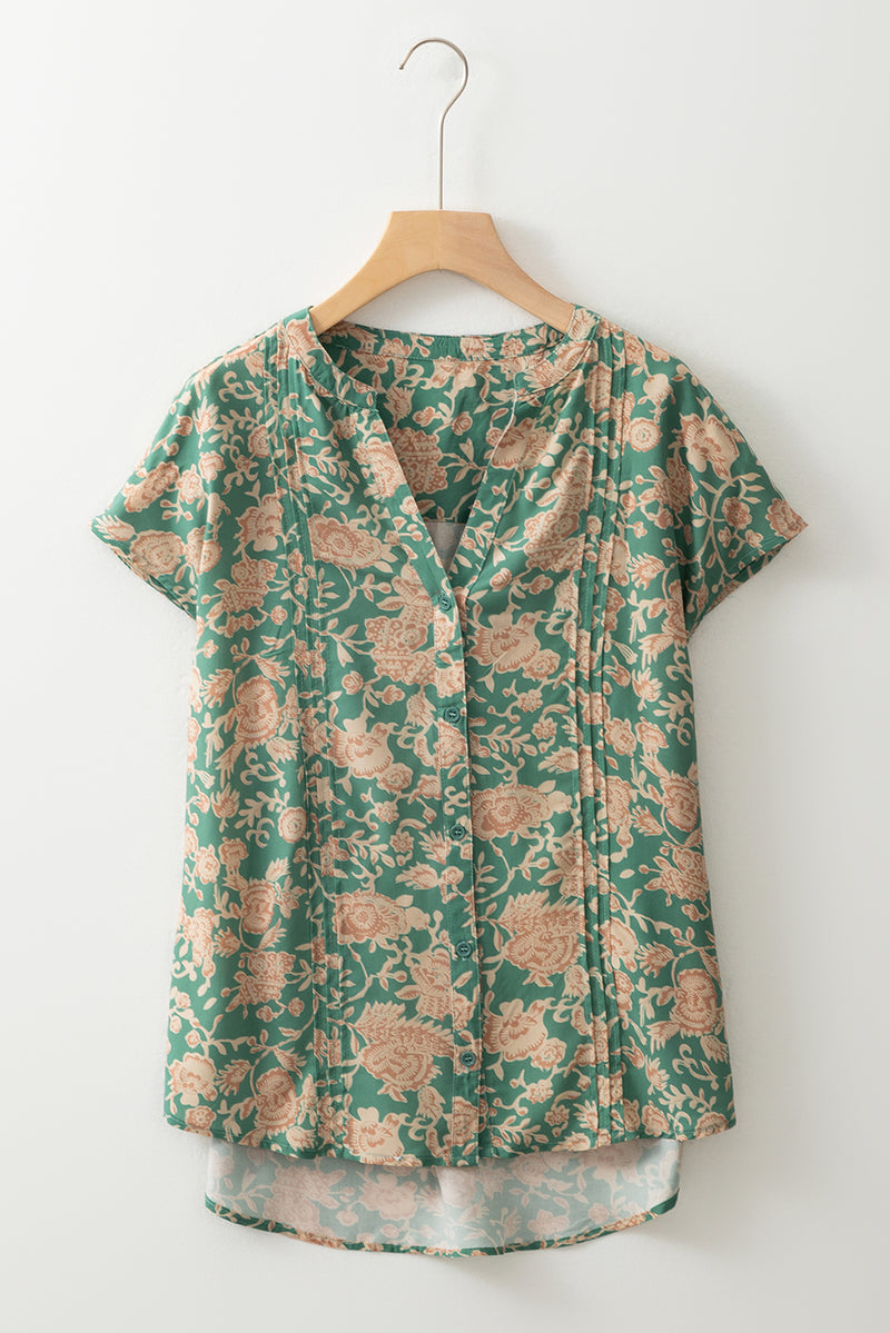 Floral Print Pleated Buttoned V Neck Short Sleeve Blouse