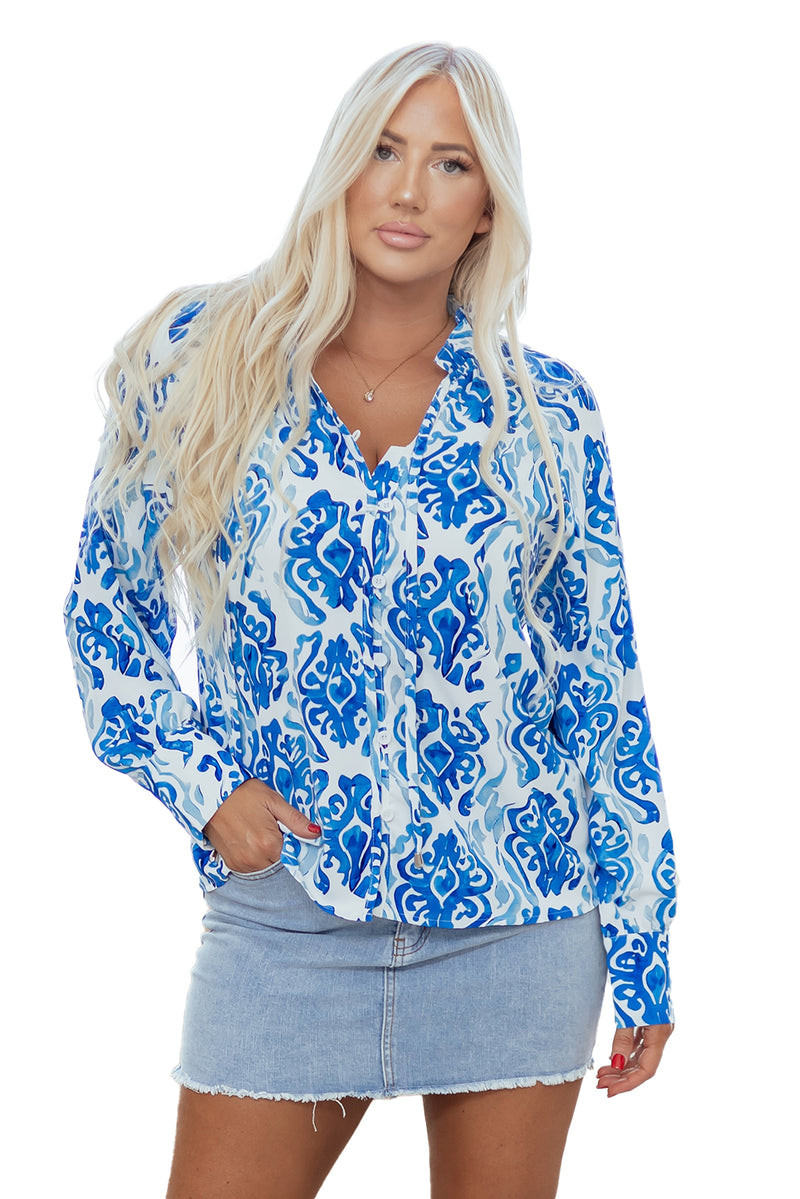 Blue Ethnic Printed Tie Split Neck Button Front Puff Sleeve Shirt
