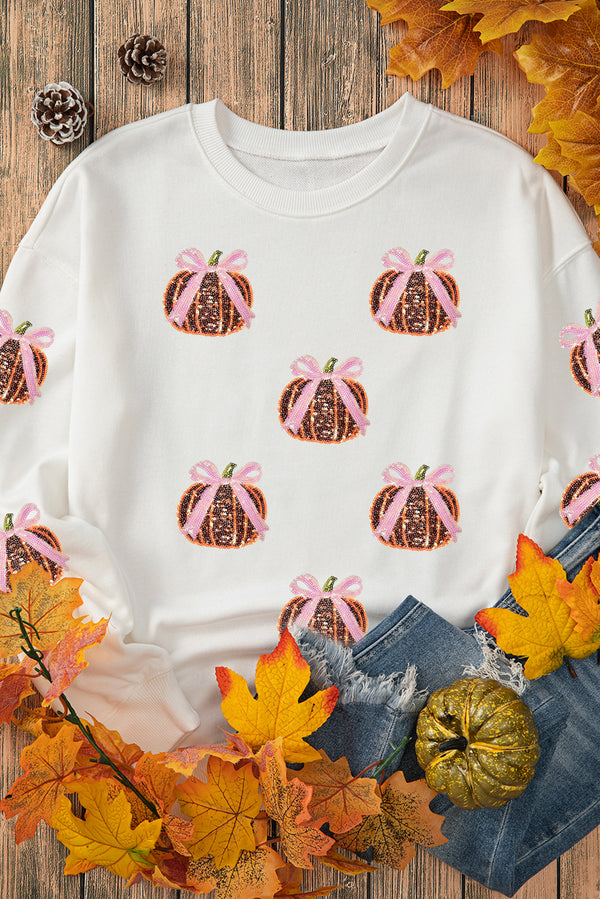 Sequin Bow Pumpkin Patched Cotton Baggy Sweatshirt