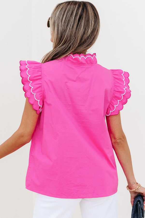 Solid Contrast Scallop Trim Layered Short Sleeve V Neck Blouse