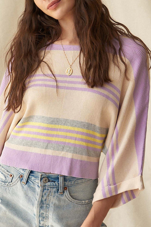 Stripe Borderline Rib Knit Cuffed Dolman Sleeve Sweater