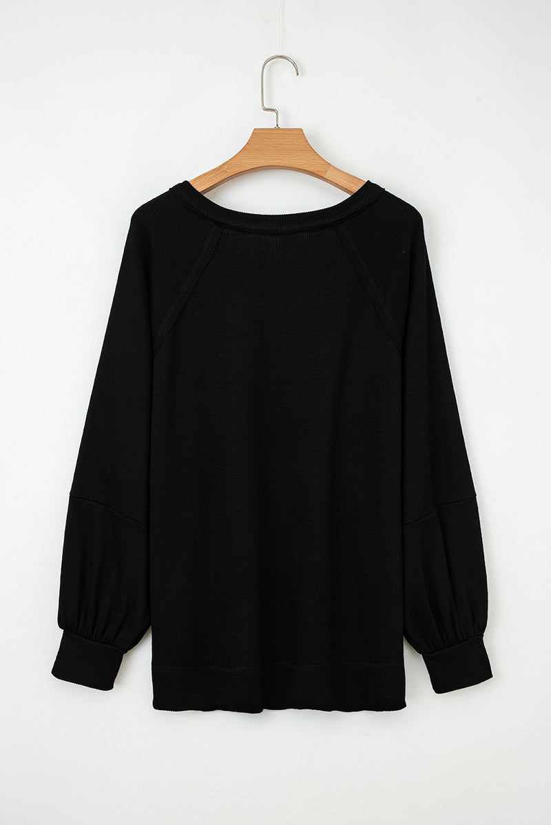 Solid Exposed Seam Textured Knit V Neck Pullover Top