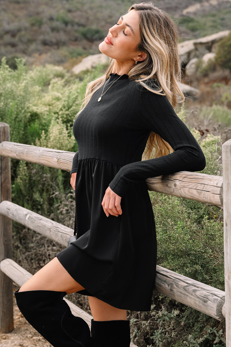 Frilled Neck Ribbed Knit Patchwork Long Sleeve Mini Dress