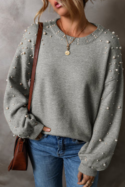 Solid Pearled Drop Shoulder Round Neck Sweater