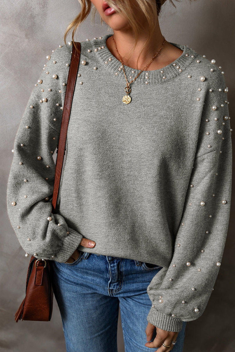 Solid Pearled Drop Shoulder Round Neck Sweater