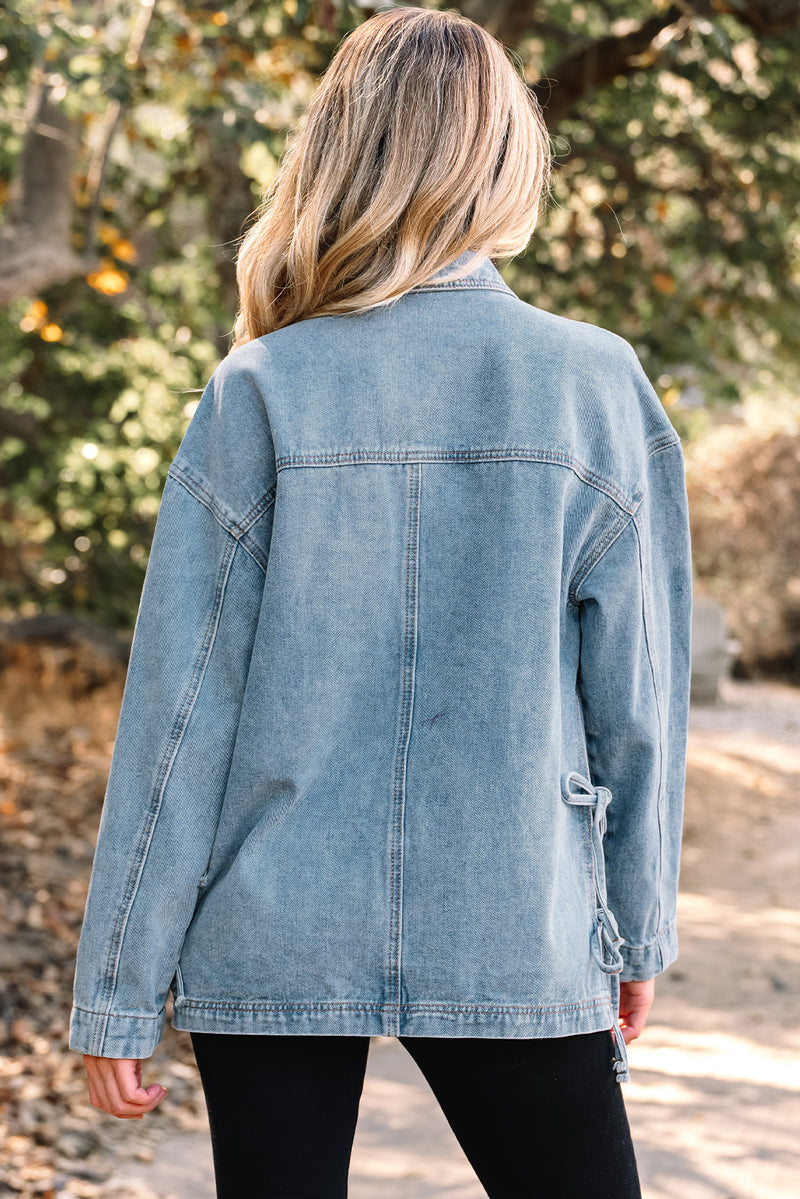 Multi Patched Pockets Side Tie up Boyfriend Style Denim Jacket