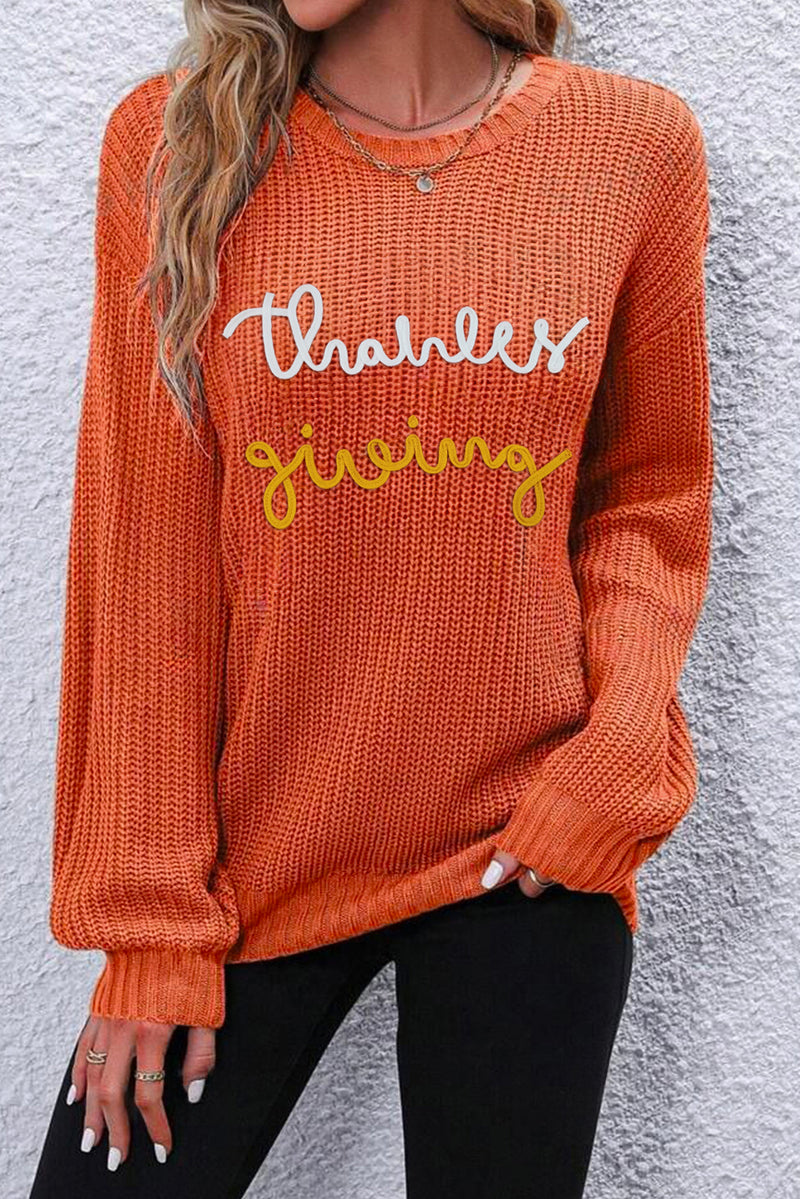 Orange Thanks Giving Letter Graphic Crew Neck Sweater