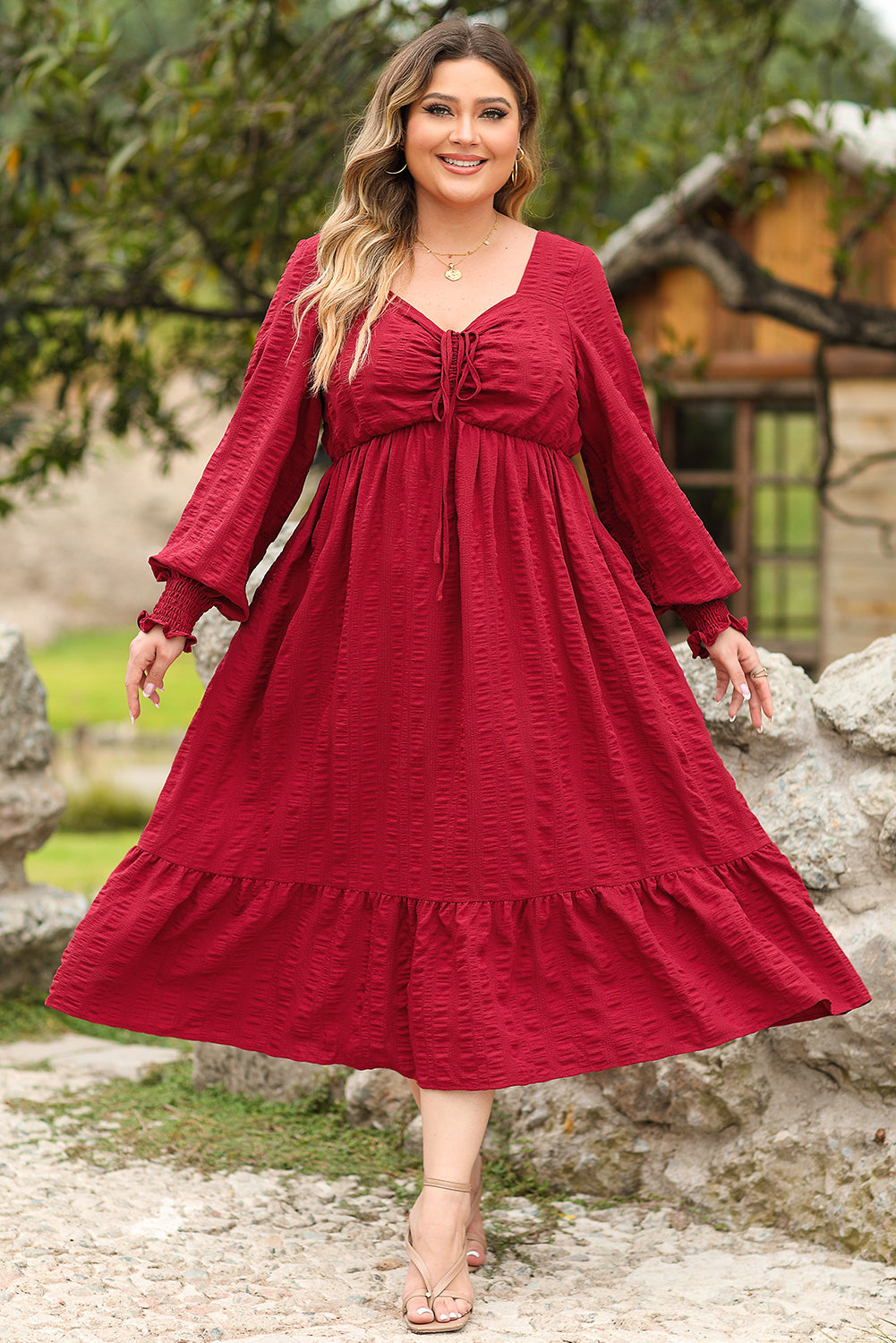 Solid Lace-up Ruched Front Long Sleeve Ruffle Hem Plus Size Midi Dress