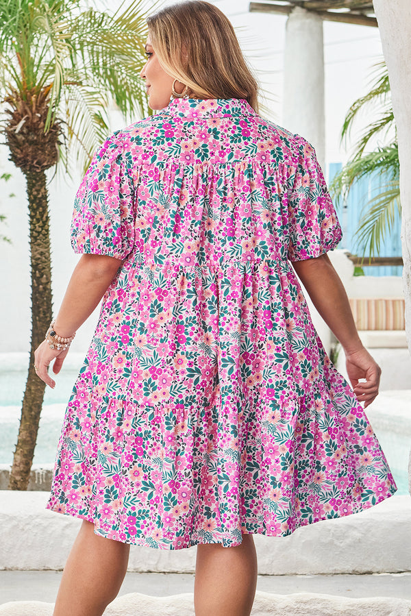 Plus Size Floral Half Button Short Puff Sleeve A-line Dress
