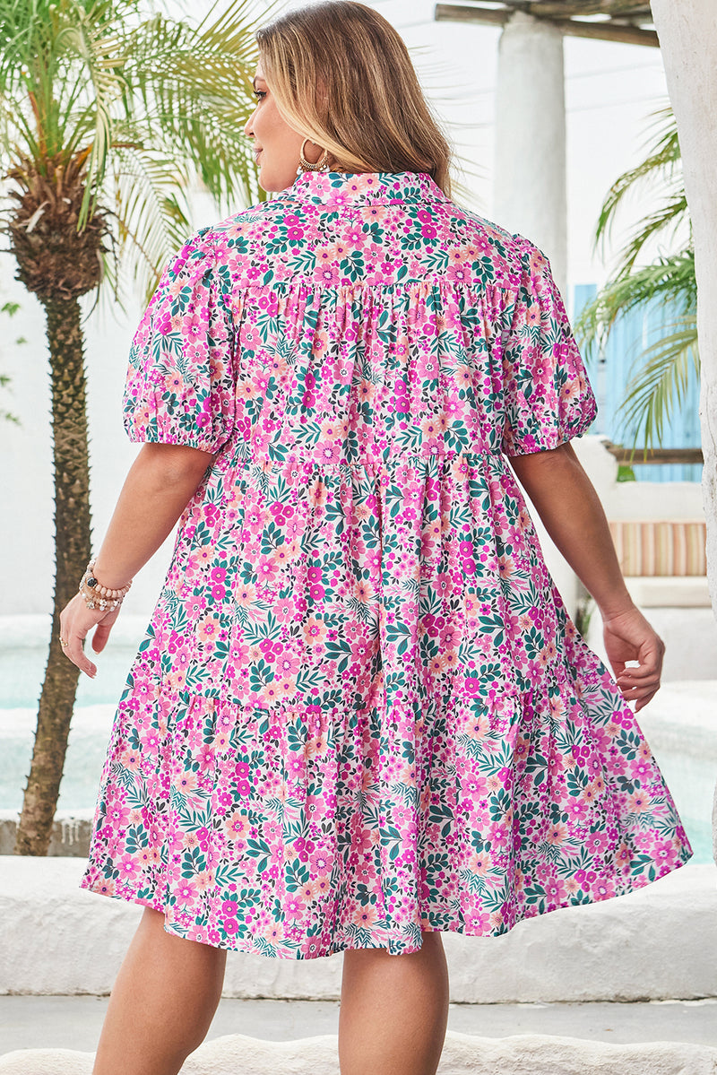 Plus Size Floral Half Button Short Puff Sleeve A-line Dress