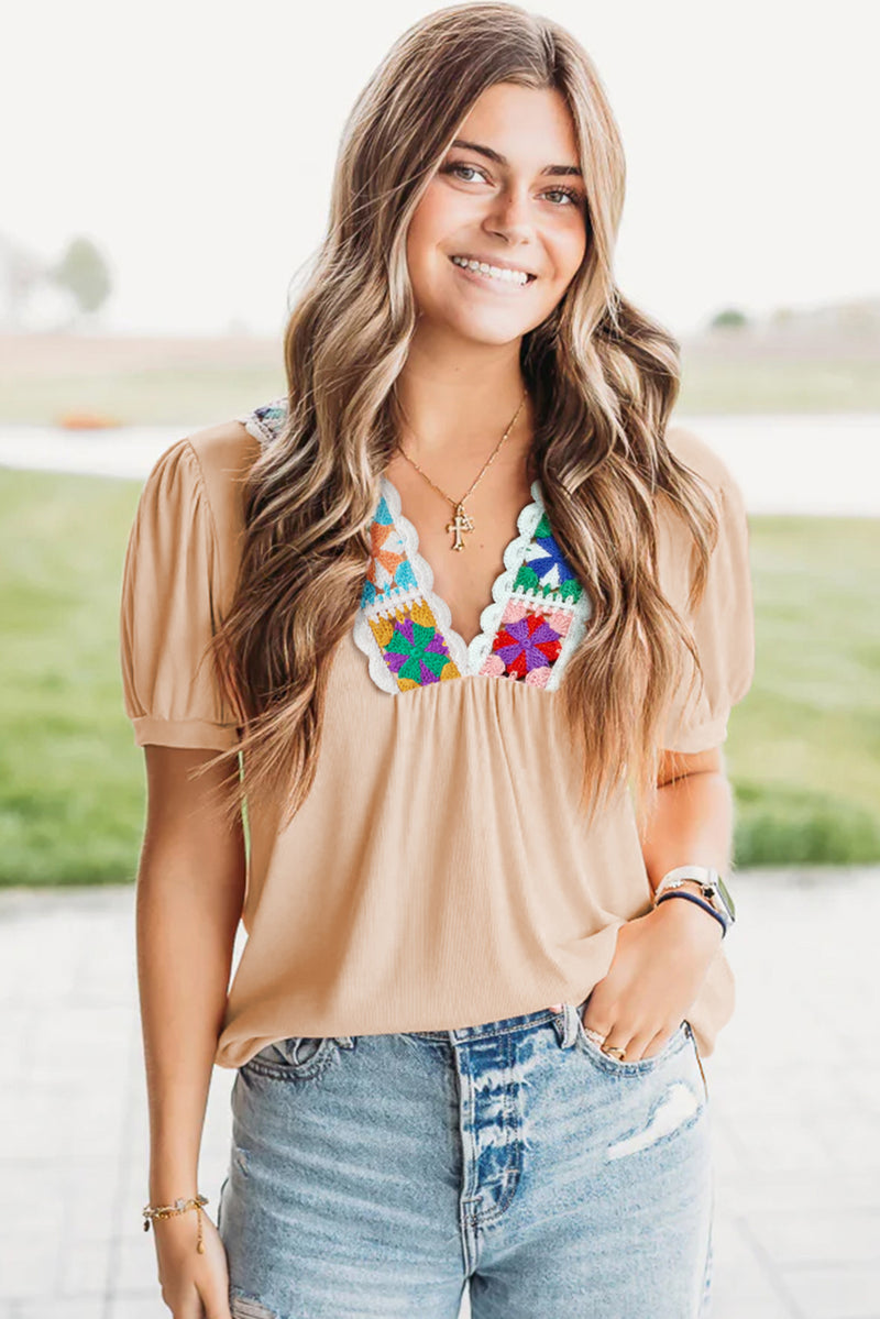 Chestnut Crochet Floral V Neck Textured Short Sleeve Blouse