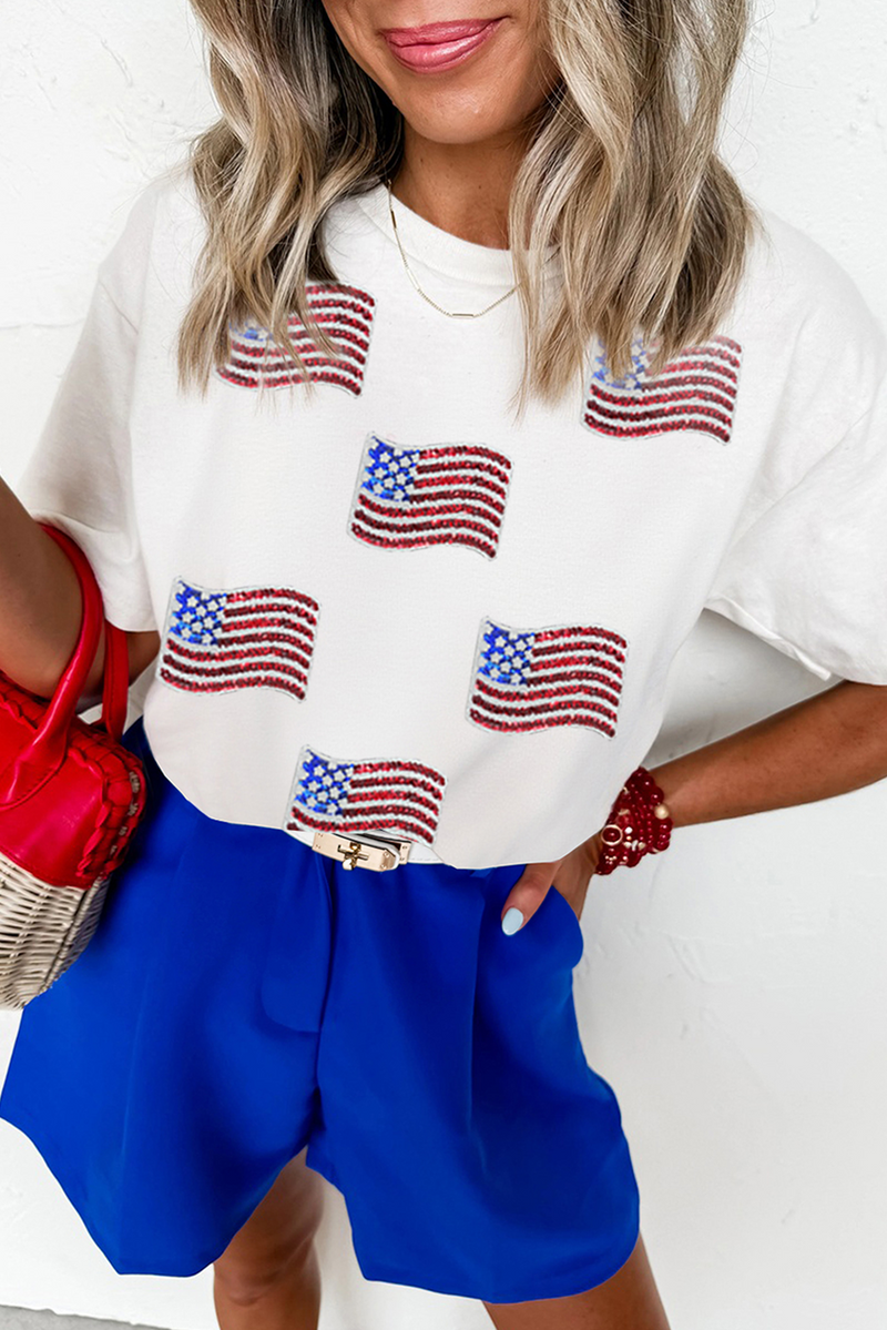 Sequin American Flag Patched Casual T Shirt
