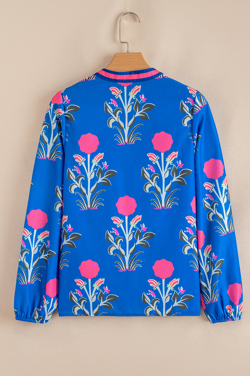 Floral Print Contrast Striped Trim Notched Neck Long Sleeve Blouse