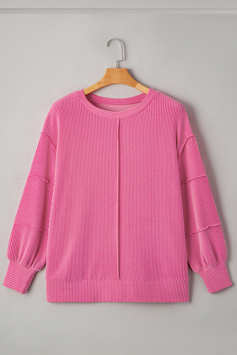 Spiral Ribbed Exposed Seam Detail Plus Size Long Sleeve Top