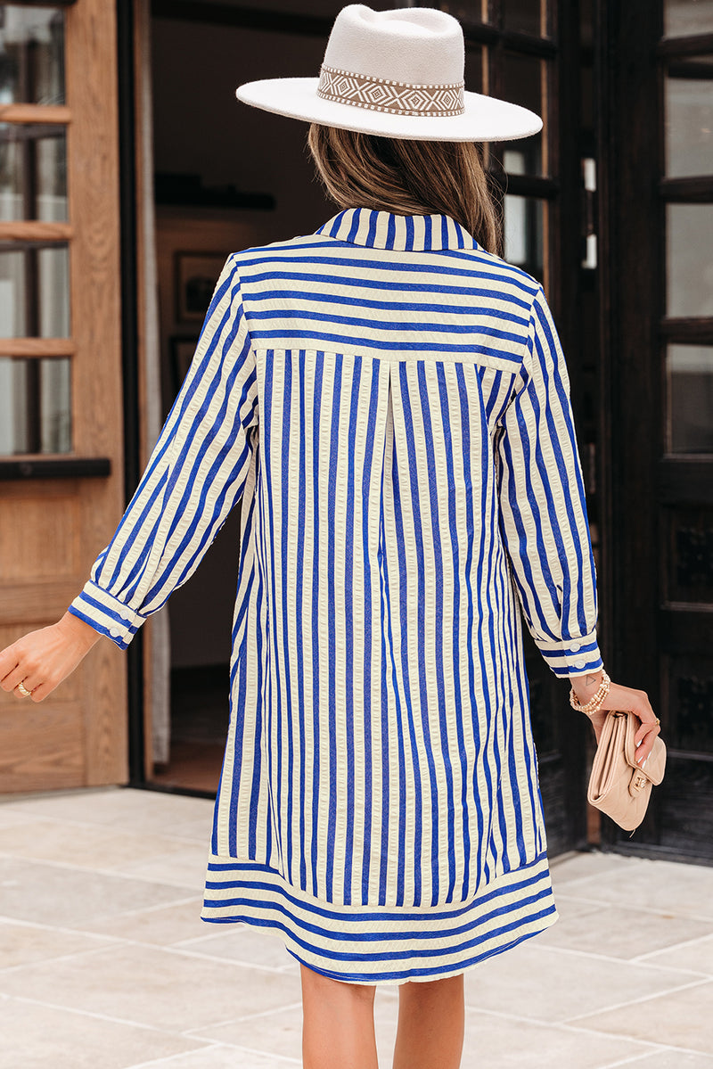 Stripe Collared Half Button Side Pockets Loose Fit Mini Dress