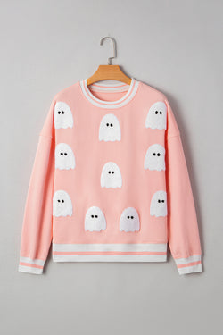 Halloween Terry Ghost Striped Trim Loose Sweatshirt