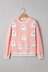 Halloween Terry Ghost Striped Trim Loose Sweatshirt