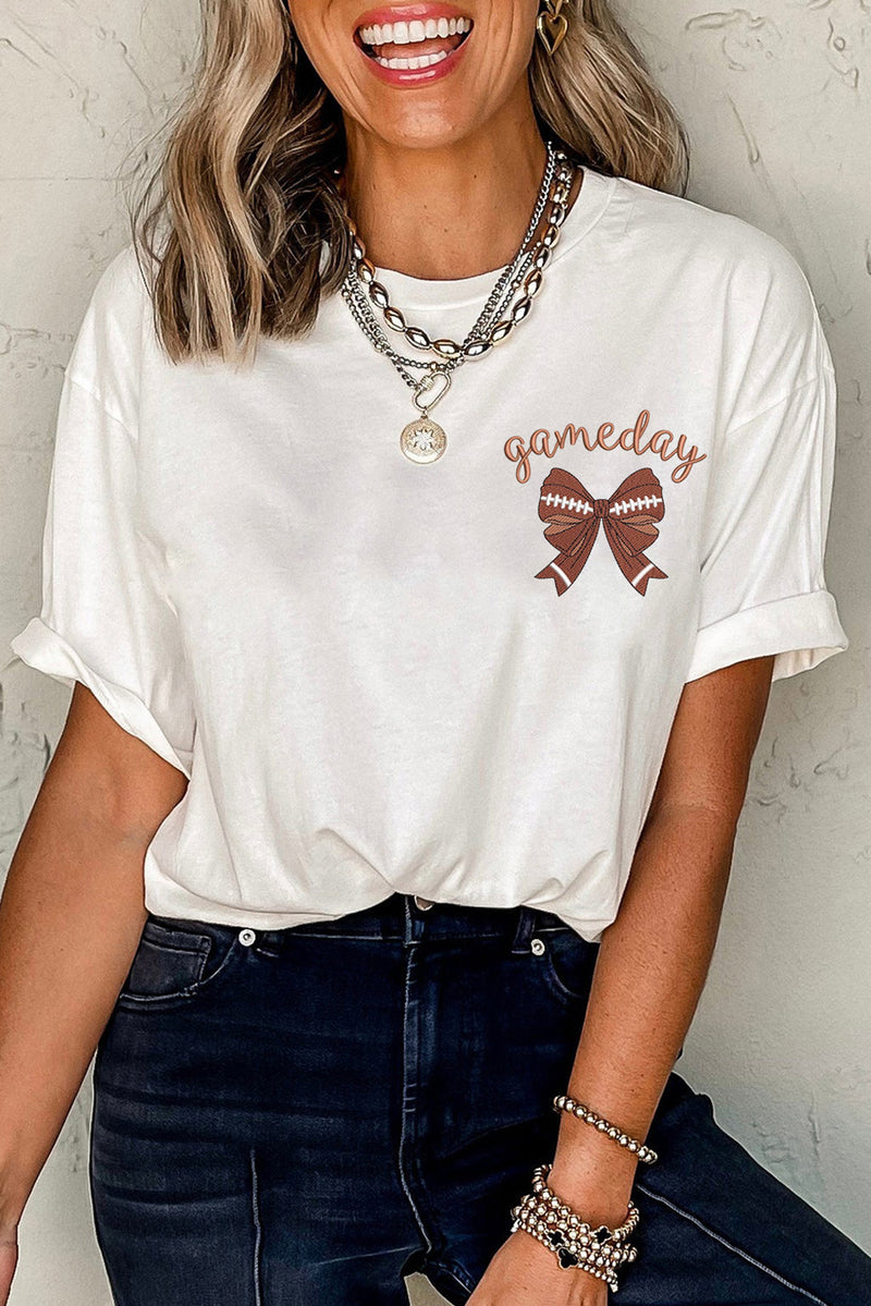 Game Day Bowknot Embroidered Graphic Casual Tee