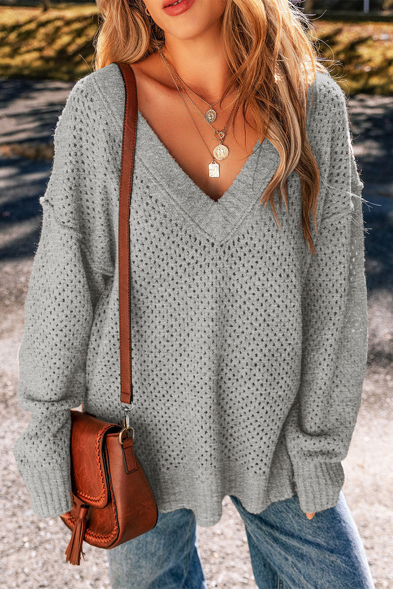 Solid Loose Eyelet V Neck Drop Shoulder Sweater